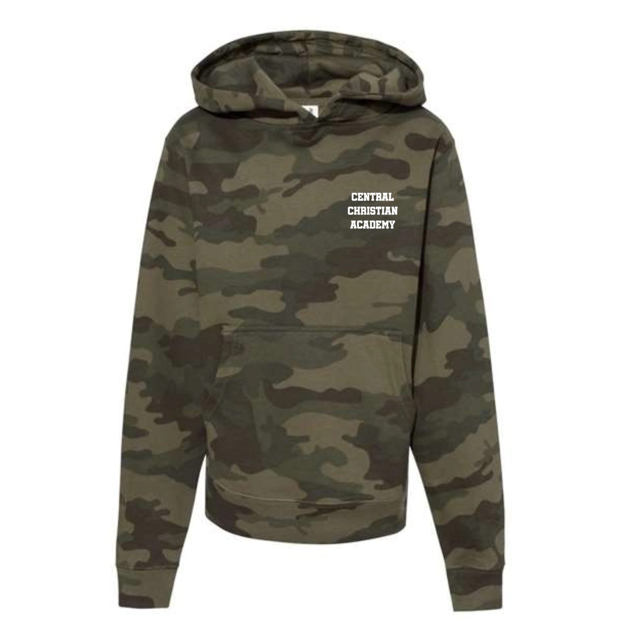 Central Christian Academy Youth Camo Hooded Sweatshirt Pocket Size