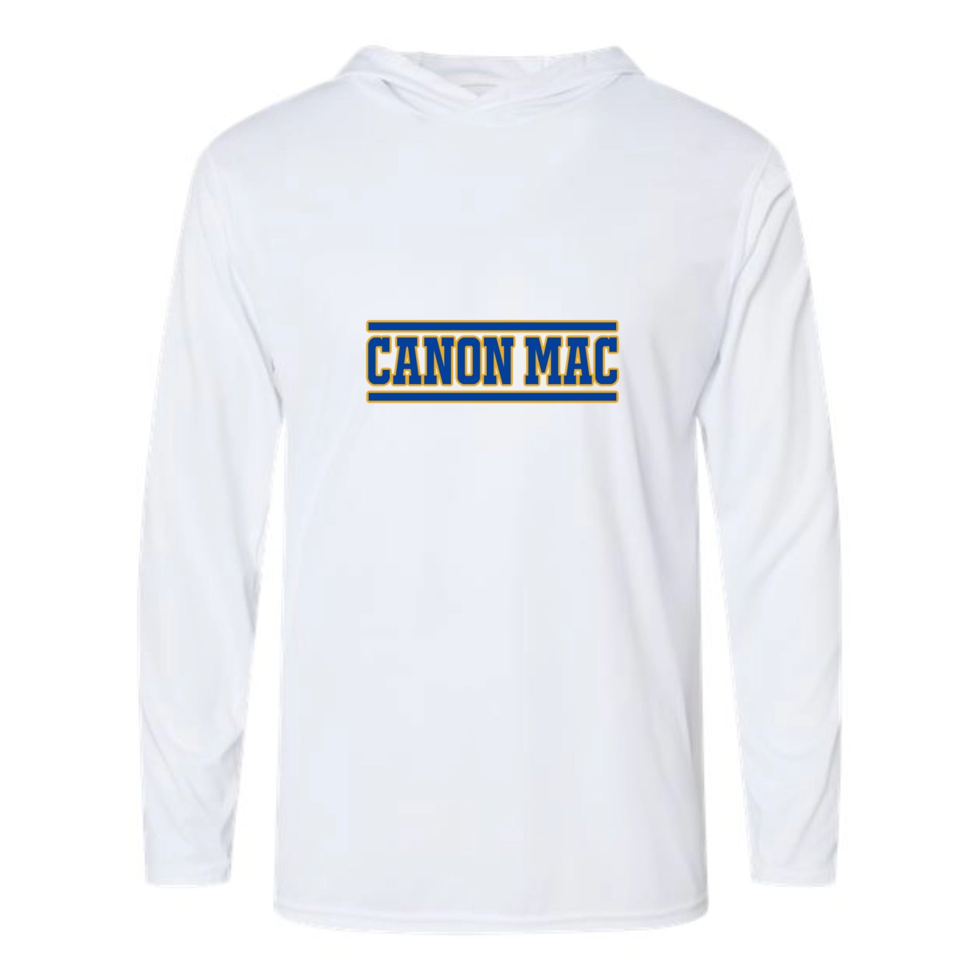 Canon Mac Blue Gold Stripe Unisex Hooded Long Sleeved Performance Tee